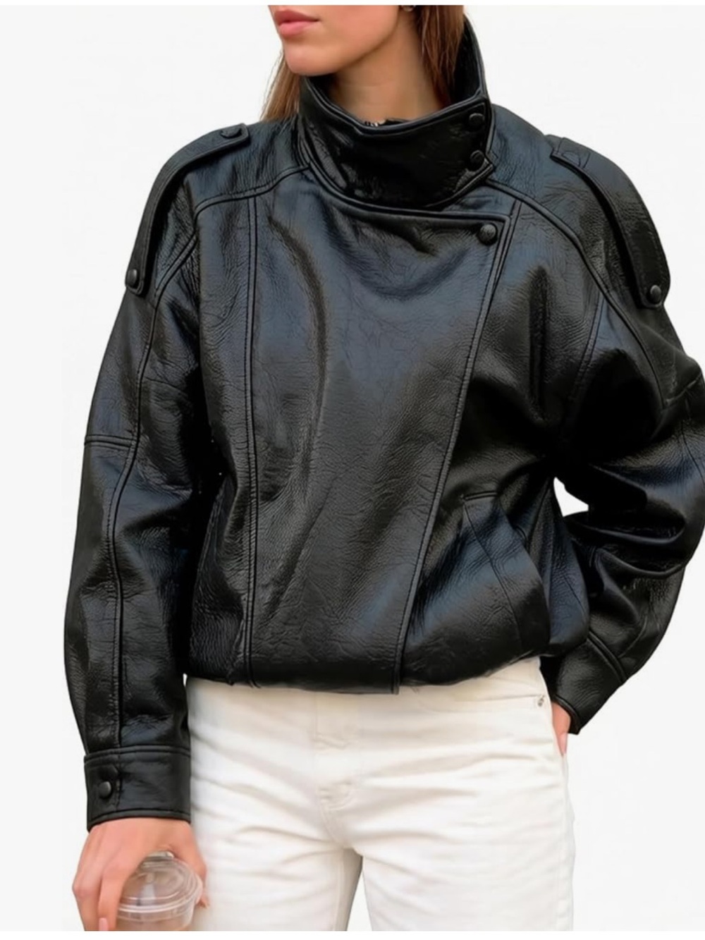 Women's Faux Leather Jacket Stand Collar Oversized Loose Coat